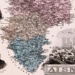 1883 Antike Karte von Aisne, Frankreich - Vintage illustrierte Karte - handkoloriert - Wohnkultur