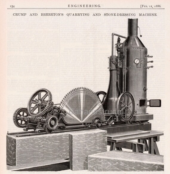 Antique Print of a Quarrying and Stone-dressing Machine - Crump