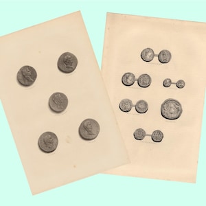 May include: Two pages of a book showing a collection of ancient Roman coins. The coins are silver and feature images of Roman emperors and other figures.