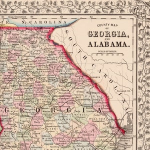 Carte ancienne de 1867 de la Géorgie et de l'Alabama coloriée à la main par Mitchell