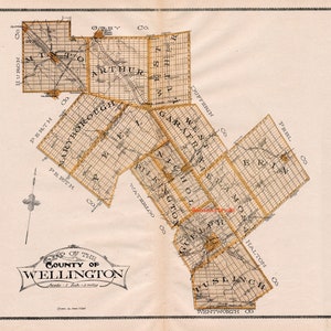 Grande carte ancienne du comté de Wellington, Ontario - Format affiche - Publiée en 1906