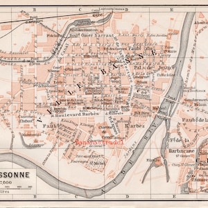 Antike Karte von Carcassonne, Frankreich - Kleiner Stadtplan von 1907