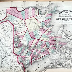 Antike Karte von New Brunswick - Seltene 1875 Handkolorierte Karte - LDN