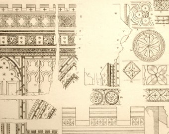 1845 Rare Large English Antique Engraving of British Architectural Gems - Saxon Era - Mouldings and Columns - Plate 19