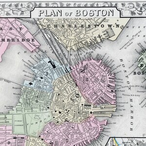 1867 ancien plan de la ville de Boston, Mitchell - carte colorée à la main rare
