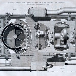 May include: A black and white illustration of a 230-horsepower oscillating engine. The image shows a cross-section of the engine, revealing its internal workings. The text "230-HORSE POWER OSCILLATING ENGINES OF H.M.S. SALAMIS AND HELICON" is visible at the top of the image.
