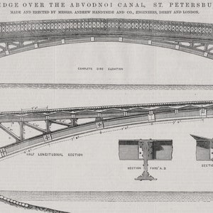 May include: A black and white line drawing of a bridge over a canal. The drawing shows the bridge's complete side elevation, half longitudinal section, and two cross sections. The bridge is made of metal and has a curved arch.