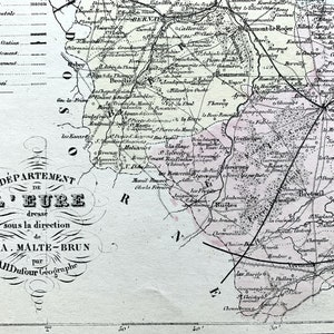 Ancienne carte de l'Eure, France - coloriée à la main - encadré d'Evereux - carte vintage française des années 1800