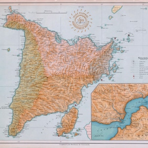May include: A vintage map of the island of Panay in the Philippines, showing the island's topography, rivers, and towns. The map is titled "Islas Filipinas" and includes a legend with symbols for different features.