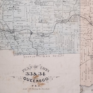 1880 Große seltene antike Karte der Lots 33 und 34, Prince Edward Island - Queens County - Vintage PEI Karte - handgefärbt