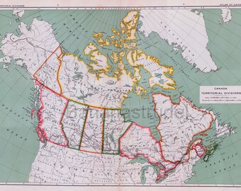 Large Antique Map of Canada, showing Territorial Divisions - Published 1915