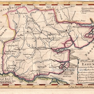 Carte ancienne de l'Essex de 1744 - Rare carte du comté du Royaume-Uni colorée à la main - Cadeau unique