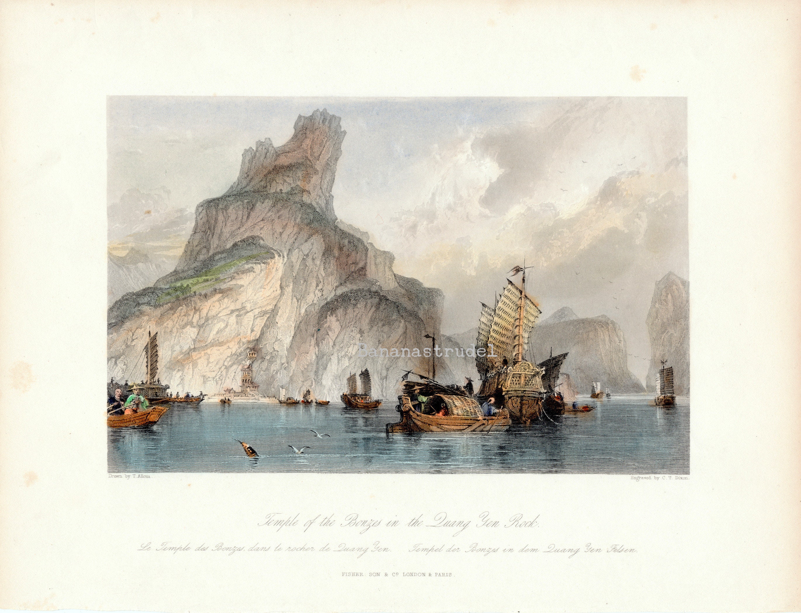 1842年 中国の古版画 / 広燕岩の僧院 / T. Allom - 古代帝国 - 手彩色