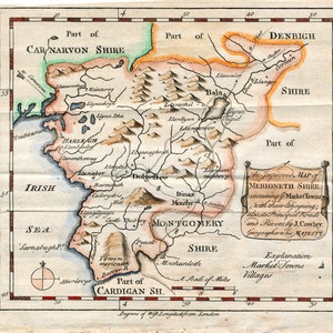 Carte ancienne du comté de Merioneth, 1744 - Carte du Pays de Galles - Carte du Pays de Galles colorée à la main - Cadeau unique
