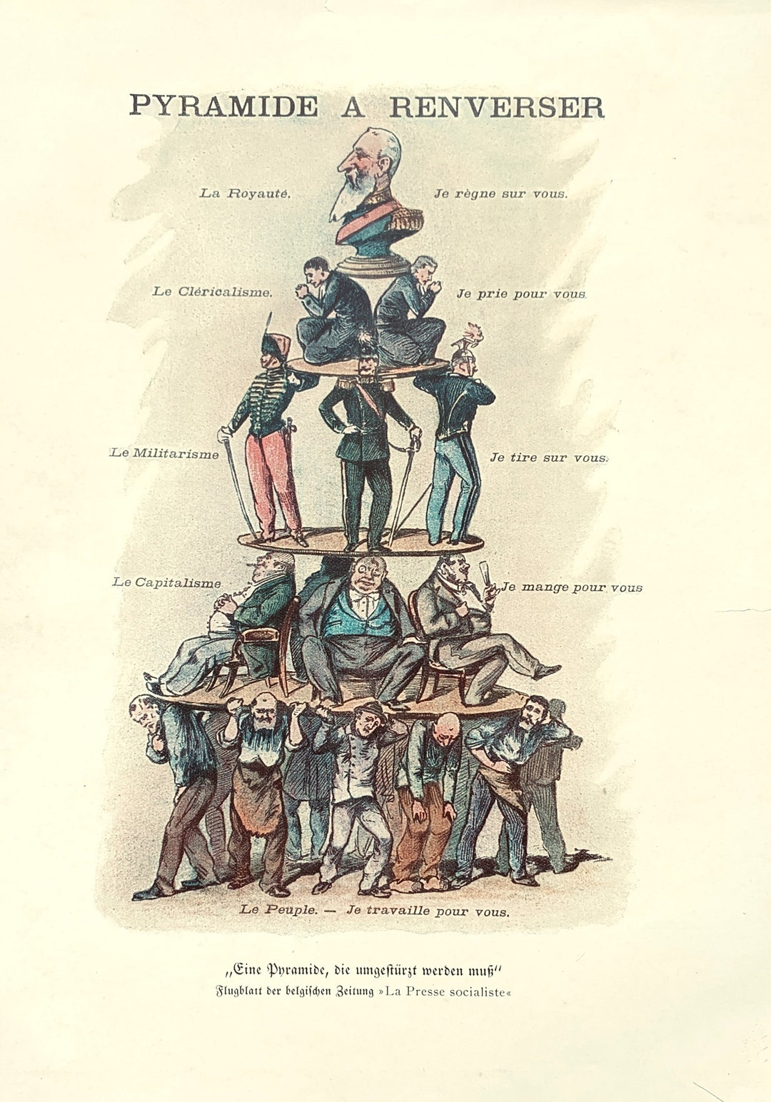 Antique Print of the Social Pyramid - "the Pyramid to Overthrow