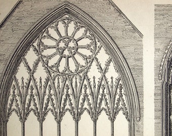 1845 Rare Large English Antique Engraving of British Architectural Gems. Church Windows and Other Details. Plate 23 - British Architecture