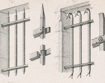 1880 French Antique Engraving of Decorative and Architectural Metalwork. Cast-iron Window Grills. Plate 6