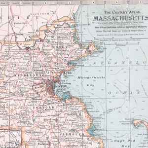Antike Karte von Massachusetts. 1902 Jahrhundert Atlaskarte - Mit einem großen Ausschnitt von Boston und Umgebung