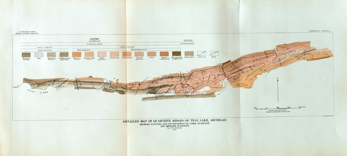 1909 Antique Geologic Map of Teal Lake, Michigan, Quarzite Ridges - Etsy