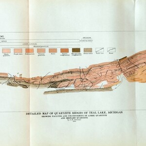 1909 Antique Map of Teal Lake, Michigan - Geologic Map of Quarzite Ridges - Antique Long Michigan Geologic Map