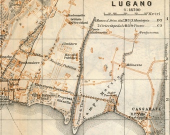 1891 Antique City Map of Lugano, Switzerland