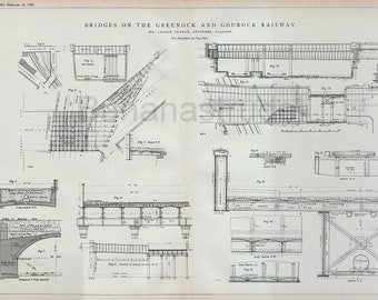 1889 Large Antique Engineering Drawing - Bridges on the Greenock and Gourock Railway, Scotland - 2-panel Victorian Print - Feb. 22, 1889