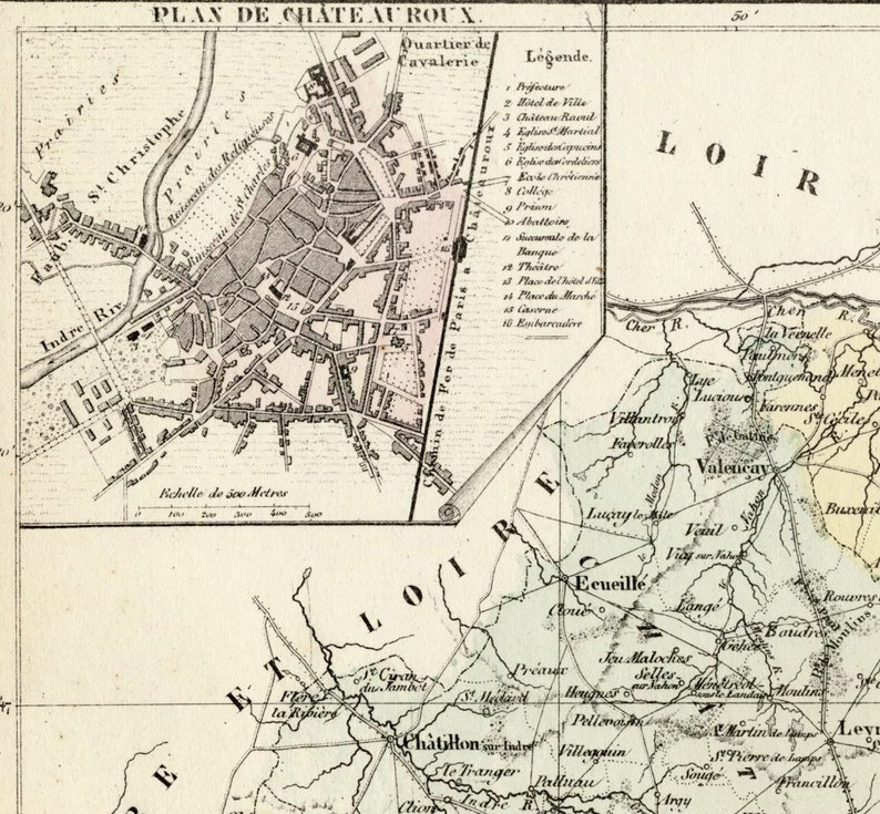 Antique Map of Indre, France With Inset of Châteauroux Handcolored 1800s French Vintage Map image 4