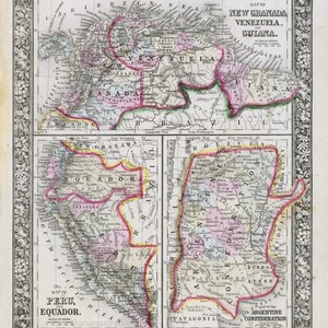 Carte de la Colombie antique de 1864, carte du Venezuela, Guyane, Pérou, Équateur, Argentine, carte historique, carte Mitchell, carte colorée à la main, cadeau unique, décoration d'intérieur