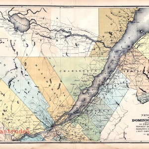 Grande carte ancienne du Québec, Canada - districts de Portneuf, Saguenay, Kamouraska, Témiscouata et autres - carte rare coloriée à la main de 1880