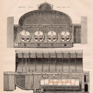 May include: A black and white illustration of a boiler system for heating the Houses of Parliament. The illustration shows a cross-section of the boiler system, with the text "BOILERS FOR HEATING THE HOUSES OF PARLIAMENT" at the top.