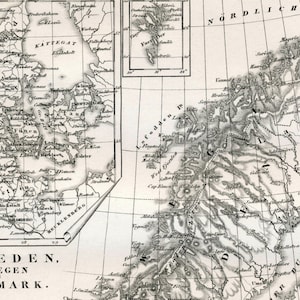 Ancienne carte de la Suède, de la Norvège et du Danemark - Islande en médaillon - noir et blanc - carte allemande vintage de 1851