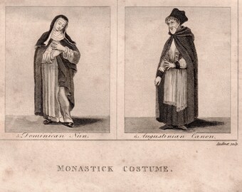 Monastic Costume - Antique Print on Monks and Nuns - From 1843 - Franciscan - Dominican - Benedictine - Premonstratensian - Augustinian