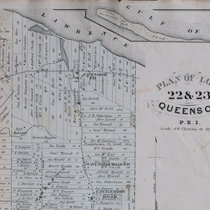 1880 Große seltene Vintage-Karte der Lots 22 und 23, Queens County, PEI. Mit Inset von Hunter River - Handcoloriert - LDN