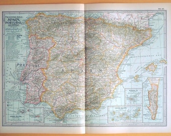1911 Century Atlas Vintage Map of Spain, Portugal, and Andorra - Antique Spain Map - Antique Portugal Map