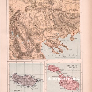 Antike Karte von Makedonien (Griechenland), Madeira, und den maltesischen Inseln - aus dem Jahr 1883