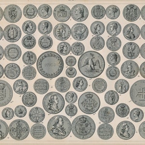 1852 Antique Print of Coins of the World -  Numismatics - Plate 22