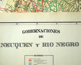 Rzadka, limitowana edycja mapy Nequen i Rio Negro w Argentynie z 1938 r. w formacie plakatu