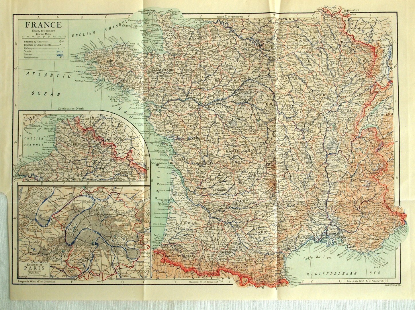 1911 Antique Map of France - Inset of Environs of Paris - Antique