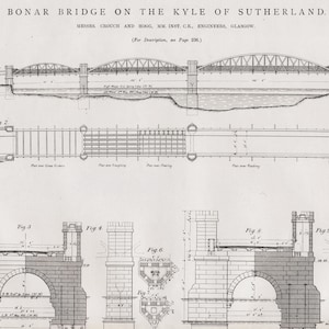 Peut inclure: Un dessin au trait noir et blanc d'un pont. Le dessin montre une vue de côté du pont, une vue de dessus et des gros plans des supports du pont. Le dessin est intitulé "Bonar Bridge on the Kyle of Sutherland." et porte les noms des ingénieurs, "Messrs Crouch and Hogg, MM. Inst. C.E., Engineers, Glasgow."
