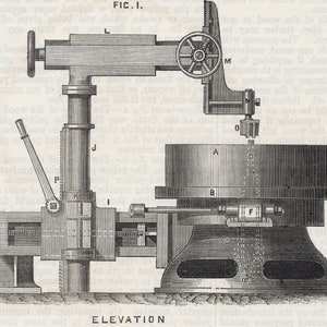 May include: A black and white illustration of a machine with a large wheel and a lever. The machine is labeled with letters A through O. The text "ELEVATION" is printed below the machine.