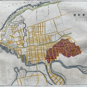 1866 年カナダ、ケベック市の市街地図。1866 年 10 月 14 日の火災、セントローレンス川 / 市街地図 / マット付き、額入り 11x14