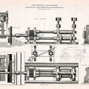 May include: A detailed technical drawing of an improved squeezer designed by Mr. J. Head, Newport Rolling Mills, Middlesbrough. The drawing shows various views of the machine, including a central elevation, a general plan, and a diagram of the rolls. The text "IMPROVED SQUEEZER" and "THE ENGINEER" are visible in the image.
