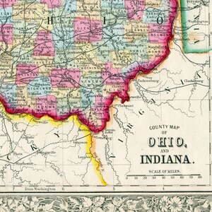 Carte ancienne de l'Ohio et de l'Indiana - Carte Mitchell coloriée à la main, 1864