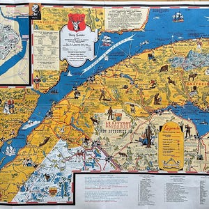 1966 Grande carte illustrée vintage du Québec et de la Gaspésie - Encart de la ville de Québec