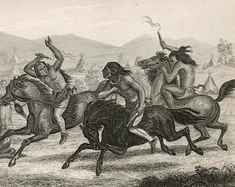Antique Print of Indian Tribes - Indian Sports  - Vintage 1851 Print - Plate 29