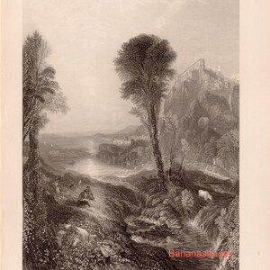 May include: An antique sepia-toned landscape print depicting a river scene with a large tree in the center. A figure sits on the bank, and a building is perched on a cliff in the background. The print is titled "Mercury and Argus."