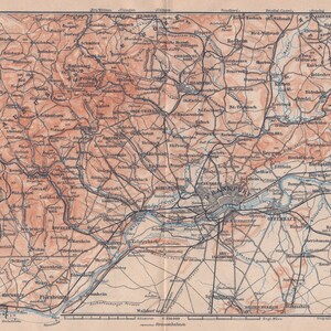 1909 Carte ancienne des environs de Francfort, Allemagne