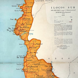 1959 Grande carte vintage rare d'Ilocos Sur, Philippines - Vigan - Candon - Santa Cruz - Cabugao - Narvacan - Tagudin - Magsingal