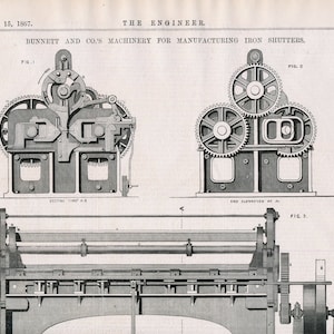 May include: A black and white illustration of a machine for manufacturing iron shutters. The illustration shows three different views of the machine, including a side view, an end view, and a top view. The machine has a number of gears and other moving parts.