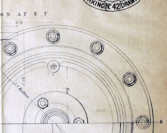 1871 Rare Poster-Sized Blueprint / Technical Drawing. Beam Engine, Luton Water Works.